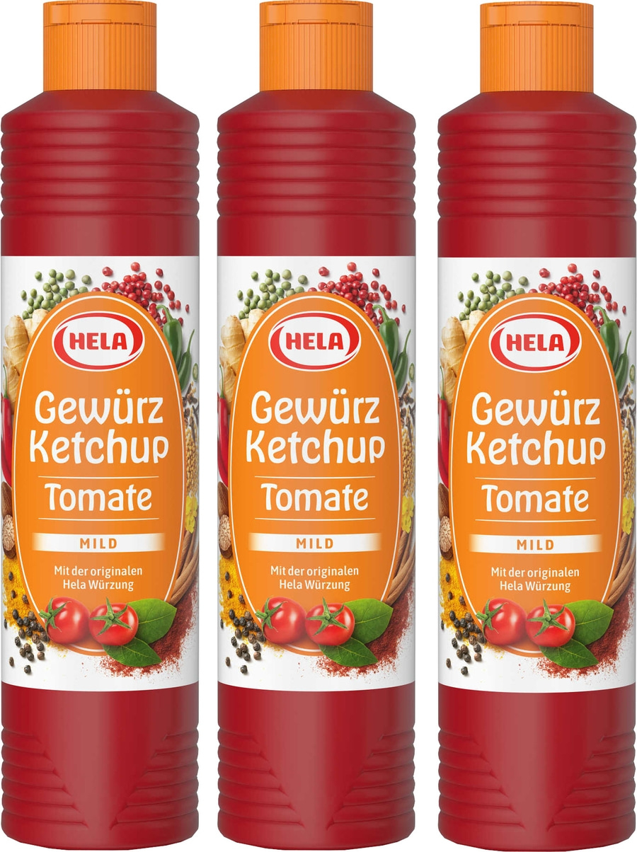 3 x Hela Ketchup Tomate mild Gewürzketchup 800 ml Flasche Ketchupflasche