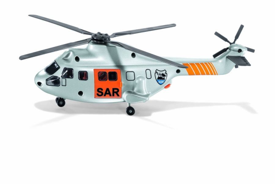Silberner Spielzeug-Hubschrauber mit orangefarbenen Akzenten und SAR-Logo auf weißem Hintergrund.
