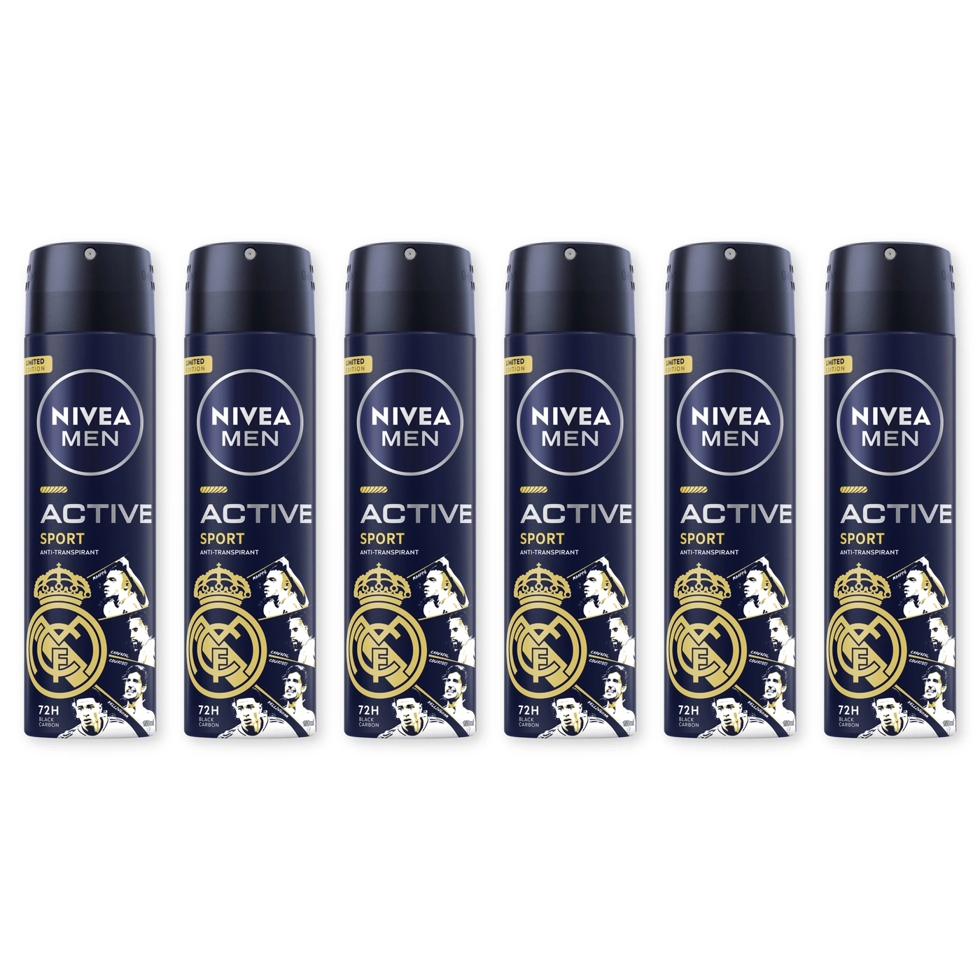 Sechs Nivea Men Active Sport Deodorant-Dosen mit Real Madrid Spielern.