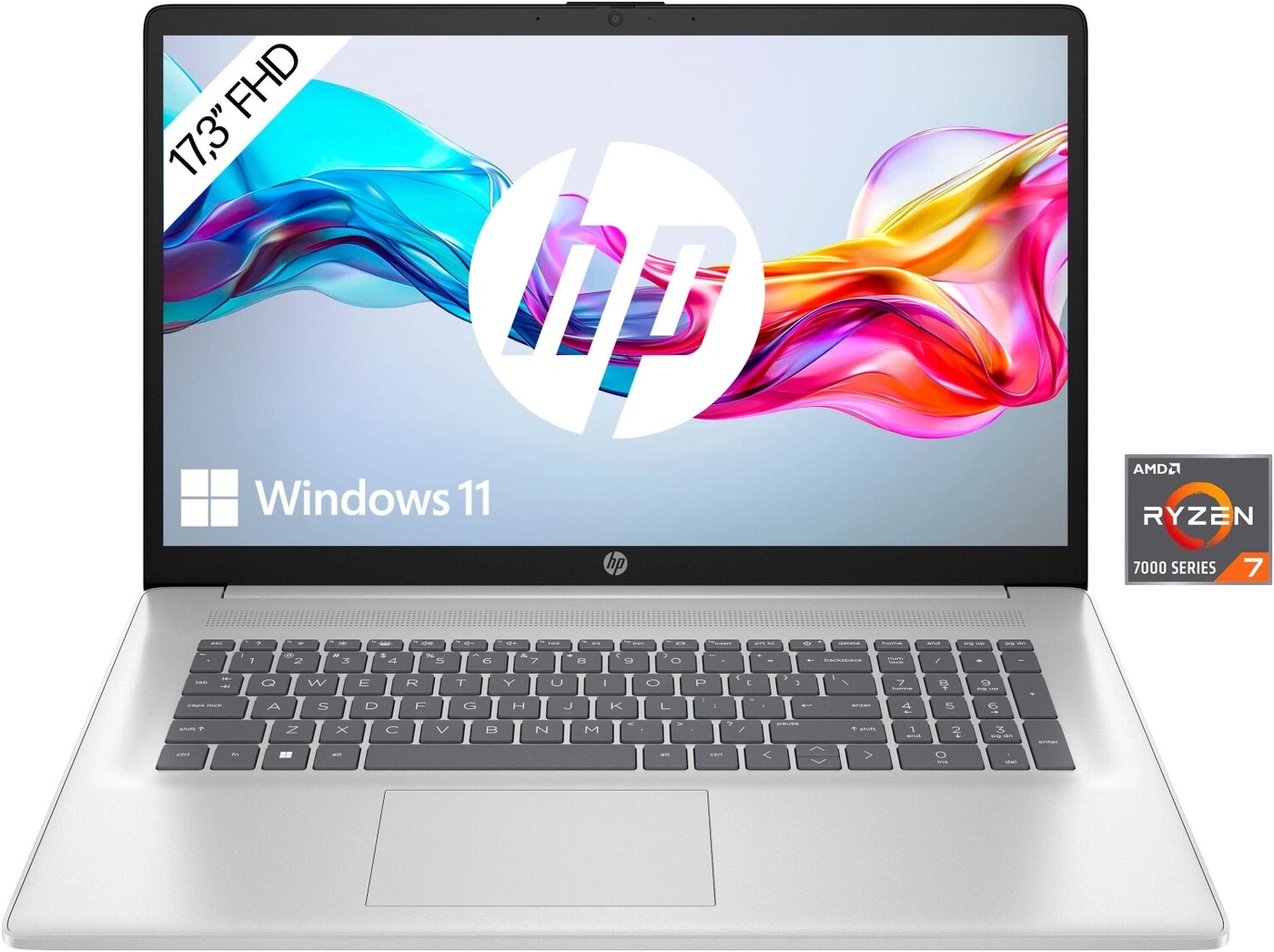 Ein silberner HP Laptop mit 17,3-Zoll-FHD-Bildschirm, Windows 11 und AMD Ryzen 7 7000er Serie
