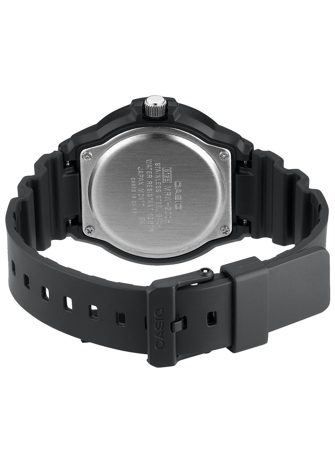Rückseite einer schwarzen Casio-Uhr mit silbernem Gehäuseboden.