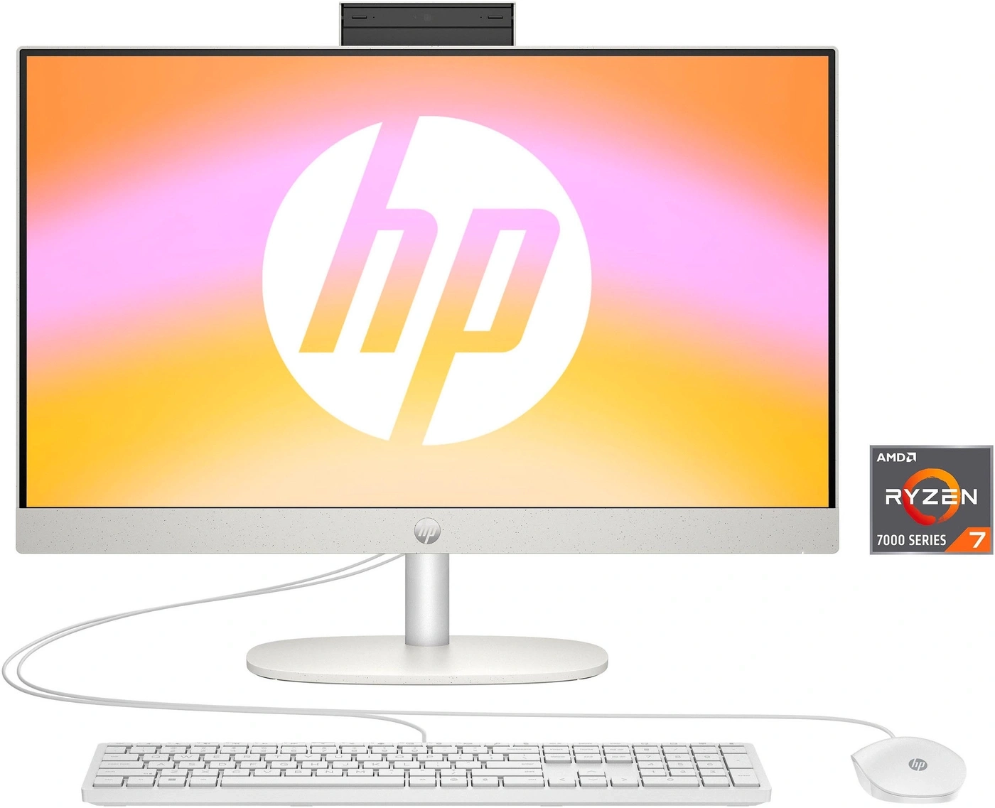 Ein HP All-in-One-PC mit AMD Ryzen 7-Prozessor, Tastatur und Maus