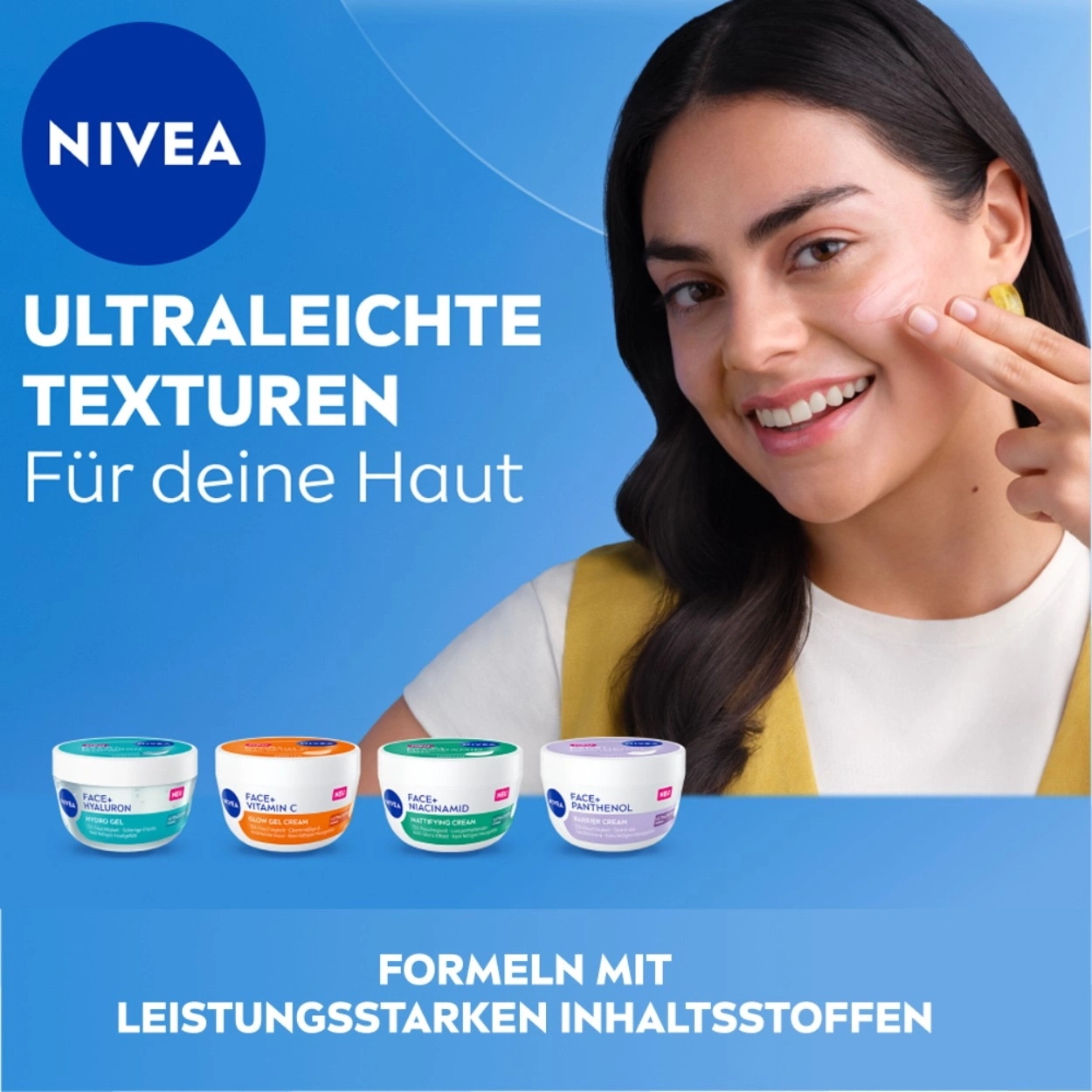 Frau trägt Nivea Gesichtscreme auf, vier Produkte sind zu sehen.
