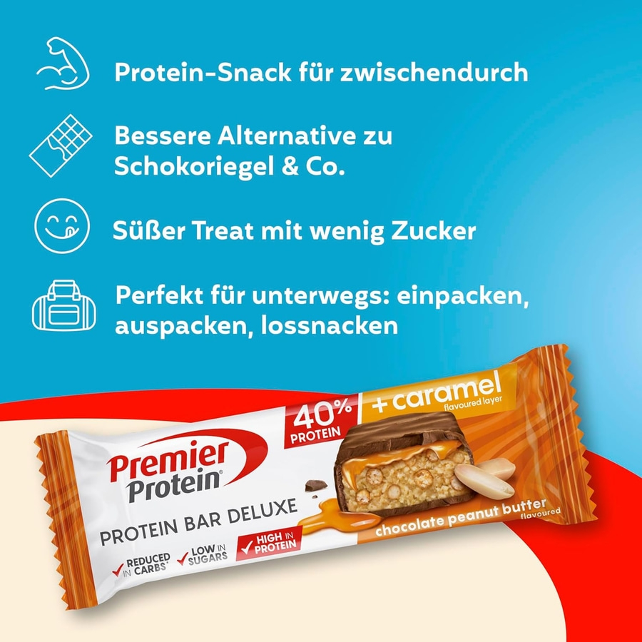 Premier Protein Bar Deluxe mit Schokolade und Karamell, idealer Snack für zwischendurch und unterwegs.