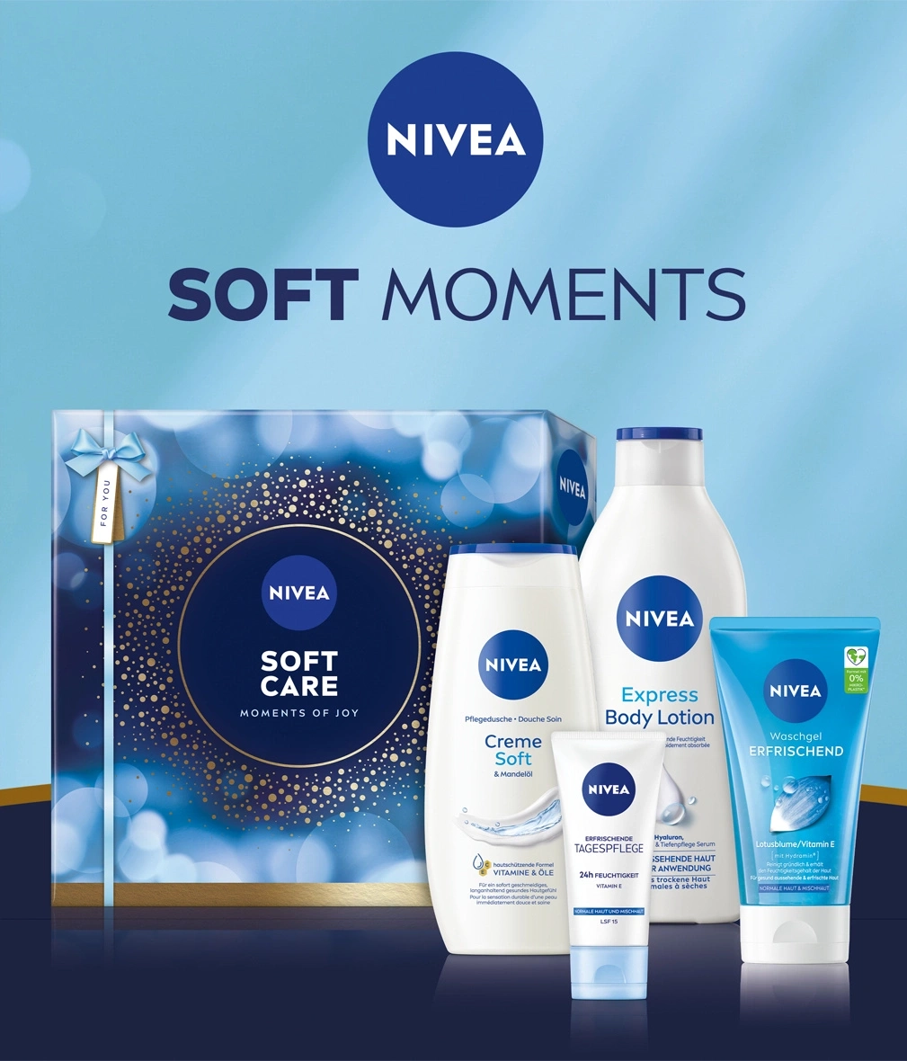 Nivea Soft Moments Geschenkset mit Body Lotion, Duschgel und Tagespflege.