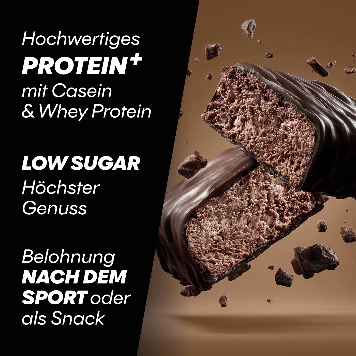 Schokoladen-Proteinriegel mit Kakaostücken, LOW SUGAR, Genuss nach dem Sport