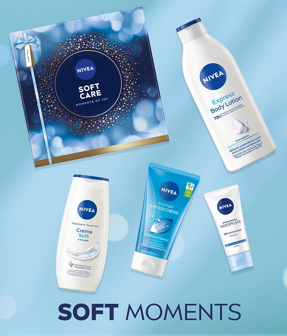 Nivea Soft Moments Geschenkset mit Körperlotion, Duschgel, Gesichtscreme und Handcreme.