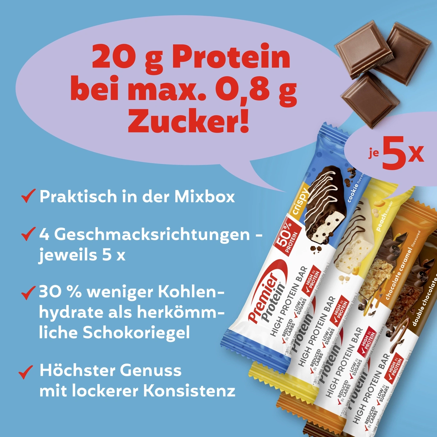 Proteinriegel "Premier Protein" mit 20 g Protein und wenig Zucker.