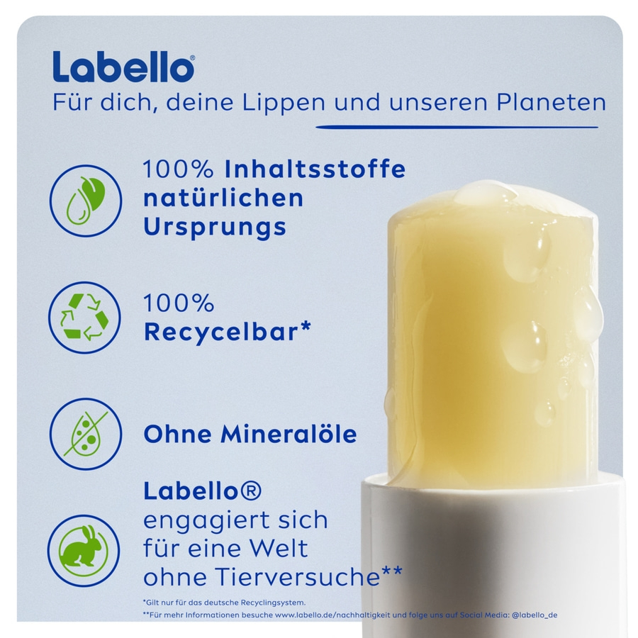 Labello Produkt mit Hinweisen zu Inhaltsstoffen, Recycling und Tierversuchen.