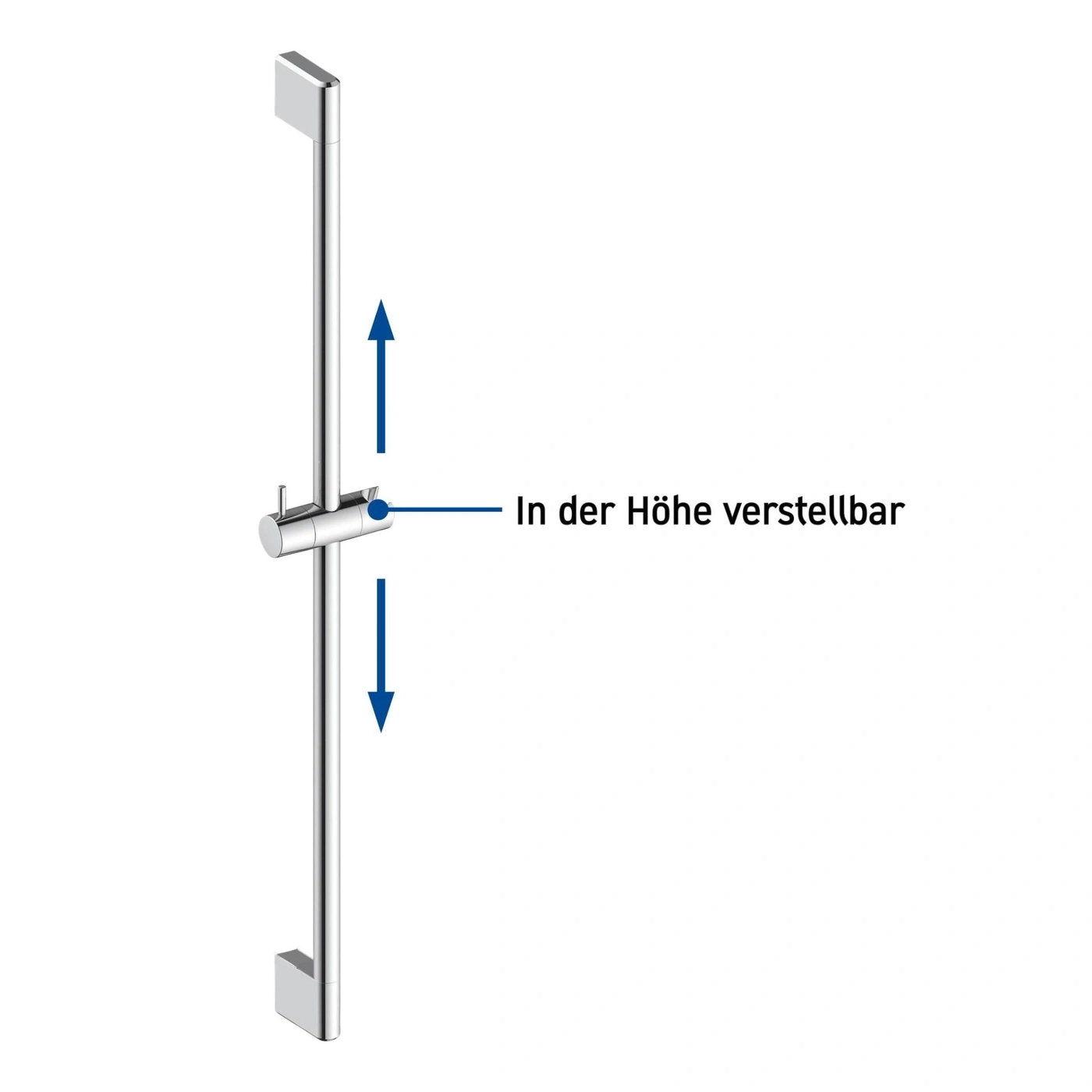 Duschstange, höhenverstellbar, mit Pfeilen, die die Richtung anzeigen, und Text
