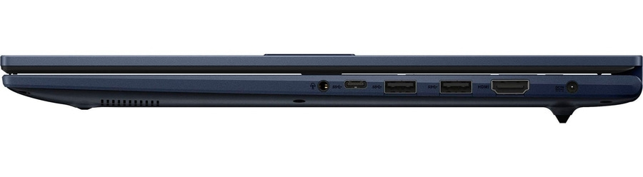 Blauer Laptop mit Anschlüssen wie HDMI und USB-C. Seitliche Ansicht.