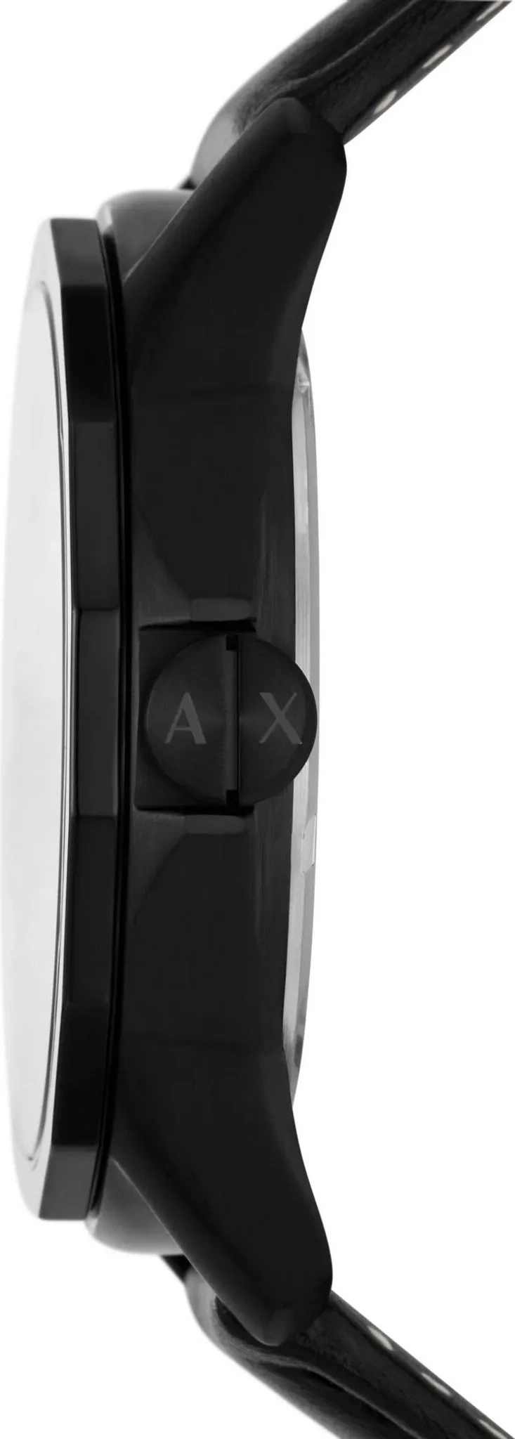 Schwarze Armbanduhr mit AX-Logo auf dem Knopf