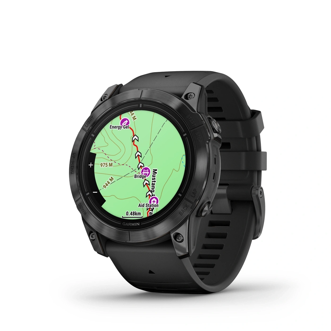 Schwarze Garmin-Uhr mit detaillierter Routenkarte auf dem Display