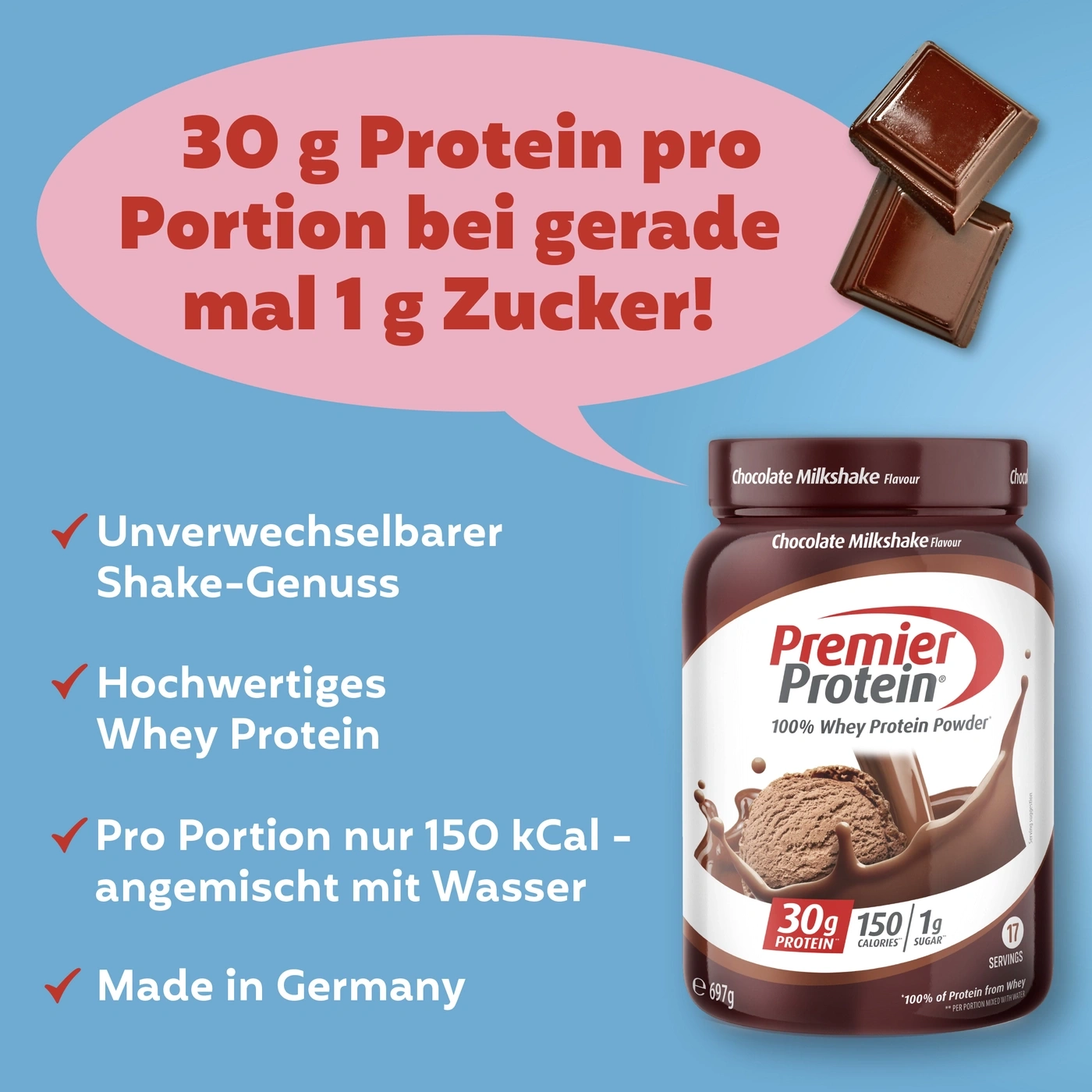 Premier Protein Pulver mit Schokoladengeschmack mit 30g Protein pro Portion und 1g Zucker.