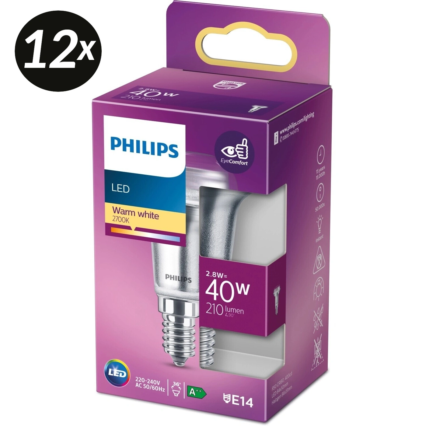 12x PHILIPS LED Reflektor R50 E14 2,8W 210lm 2700K Warmweiß 36° 40W Ersatz NEU
