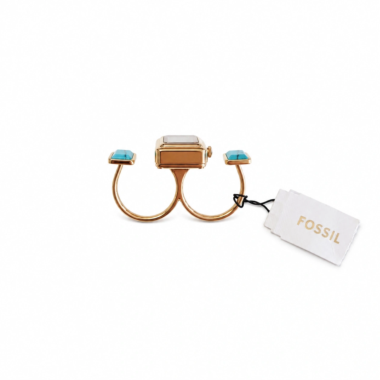 Goldener Ring mit zwei blauen Steinen und Fossil-Etikett