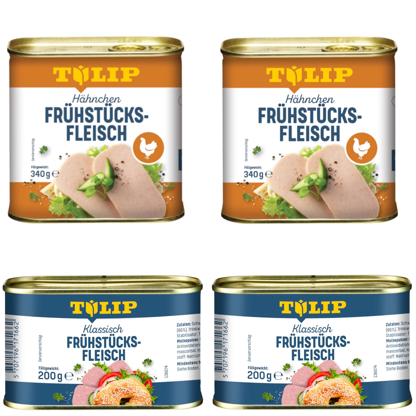 Zwei Dosen Hähnchen Frühstücksfleisch und zwei Dosen Klassisch Frühstücksfleisch von Tulip.