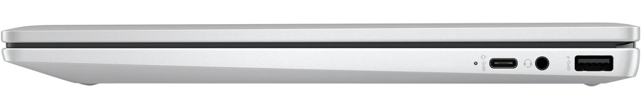 Silbernes Laptop mit USB-C, Kopfhöreranschluss und USB-A.