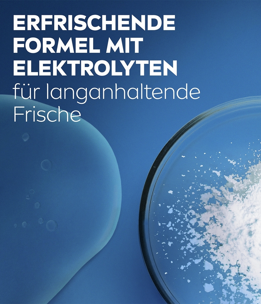 Erfrischende Formel mit Elektrolyten für langanhaltende Frische auf blauem Hintergrund