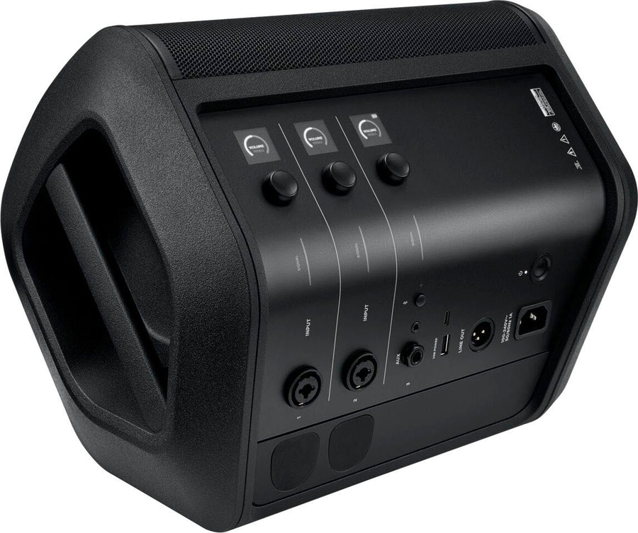 Schwarzer Lautsprecher mit Knöpfen und Anschlüssen für Audioeingang und -ausgang
