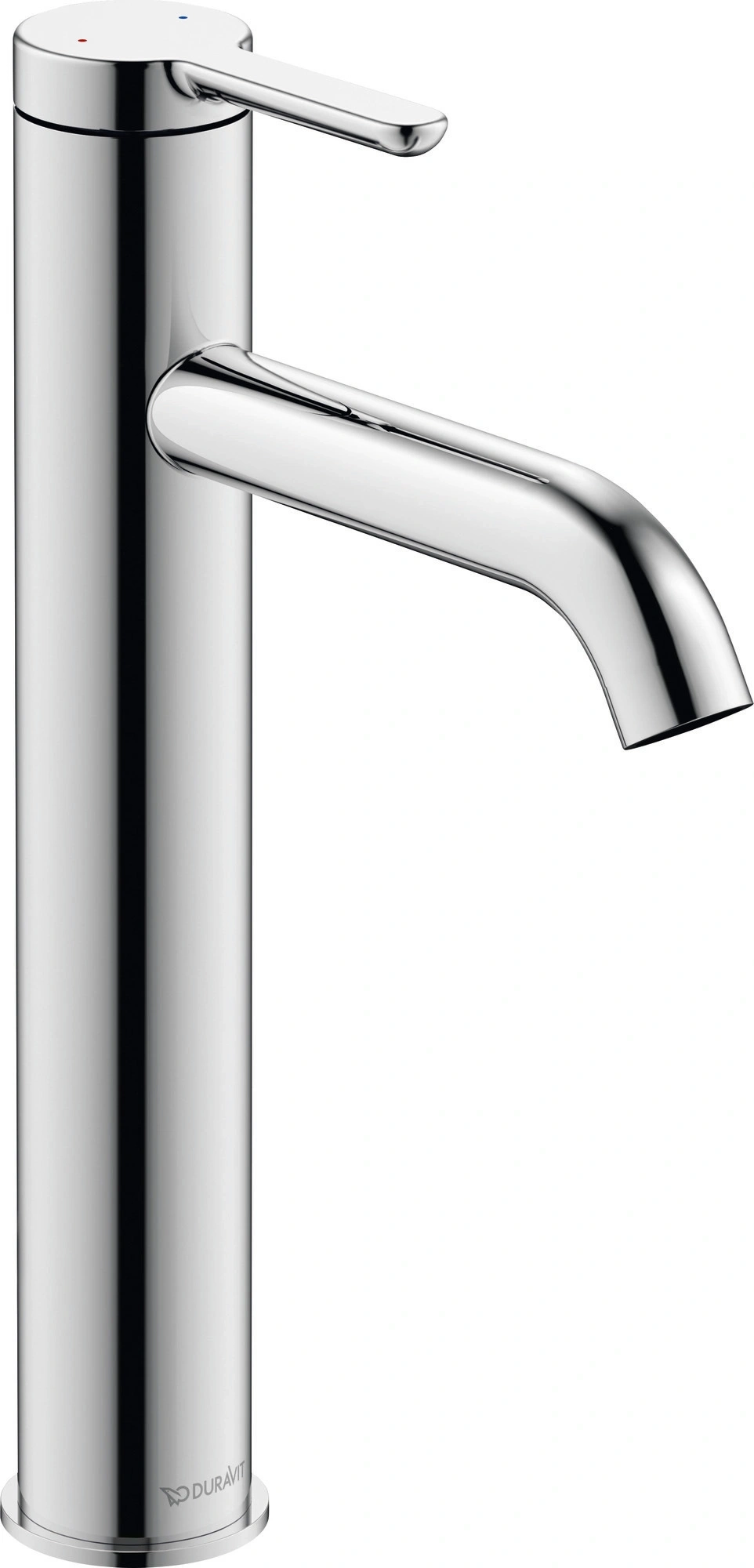 Ein glänzender Wasserhahn mit einem langen Auslauf und einem Hebel.