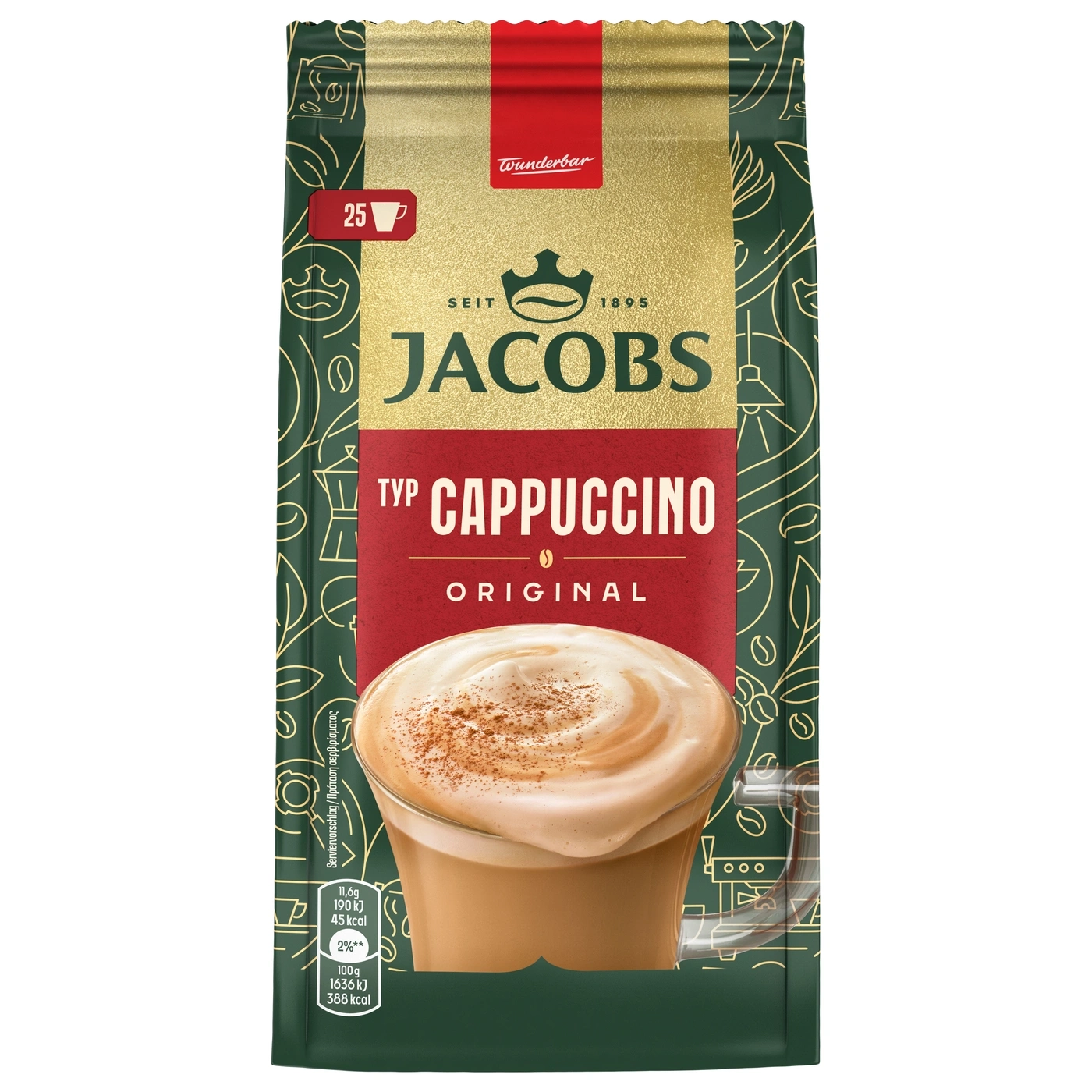 Tüte Jacobs Typ Cappuccino Original mit einer Tasse Cappuccino drauf.