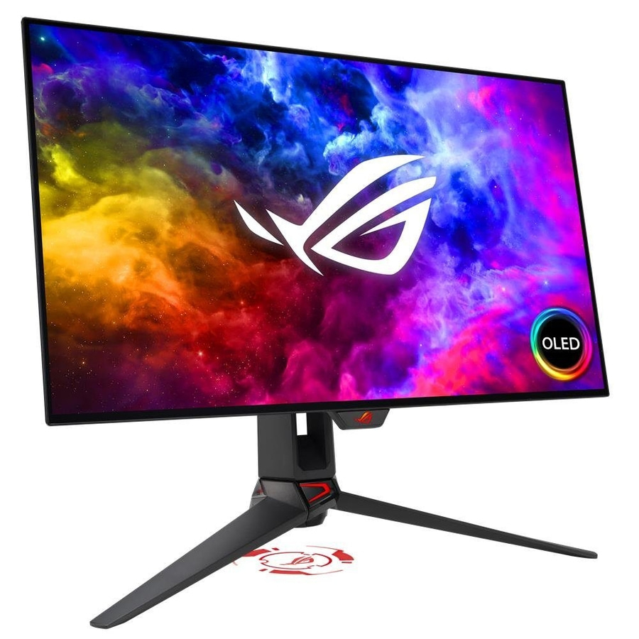 Ein Gaming-Monitor mit dem ROG-Logo und OLED-Aufschrift.