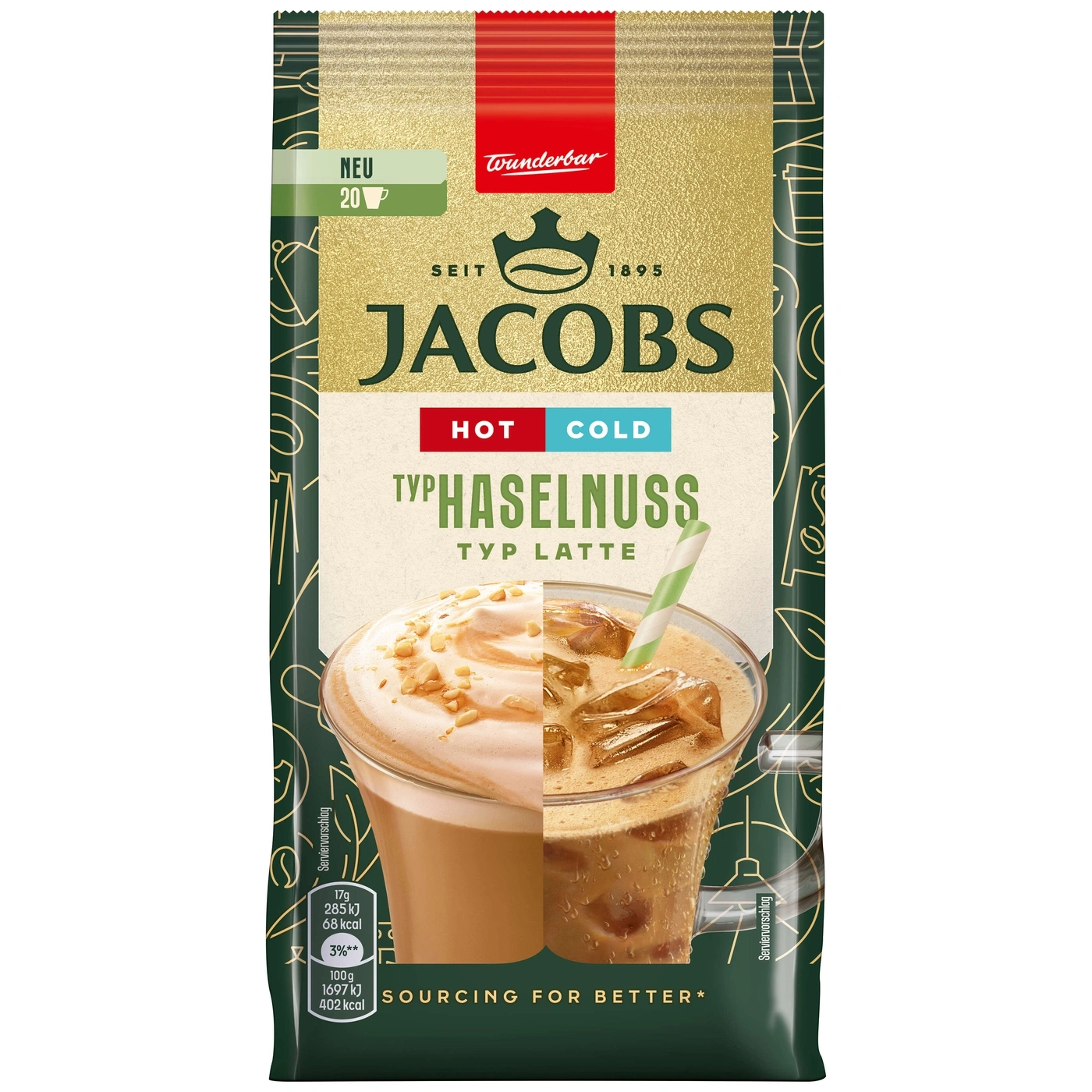 Jacobs Kaffeebeutel, Typ Haselnuss Latte, heiß und kalt, Serviervorschlag, 20 Portionen, Wunderbar