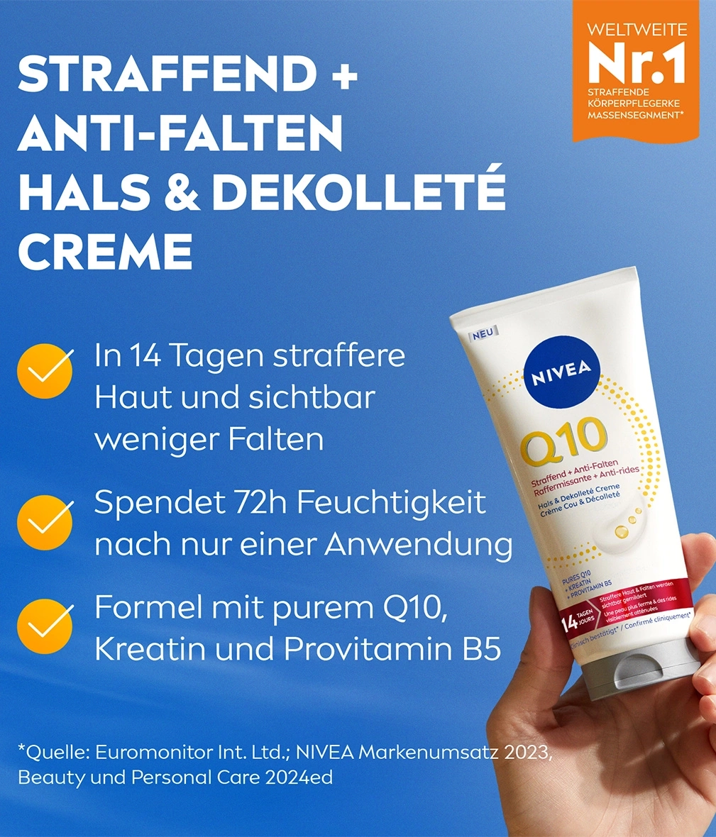 Nivea Q10 straffende Hals- und Dekolleté-Creme mit Anti-Falten-Wirkung.