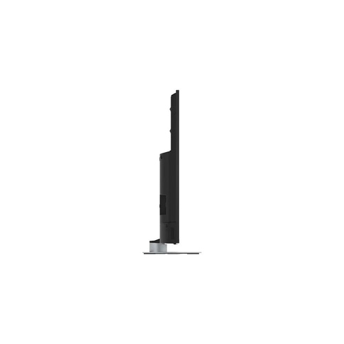 Fernseher von der Seite, schlankes Design, schwarzer Bildschirm, silberner Standfuß, isoliert
