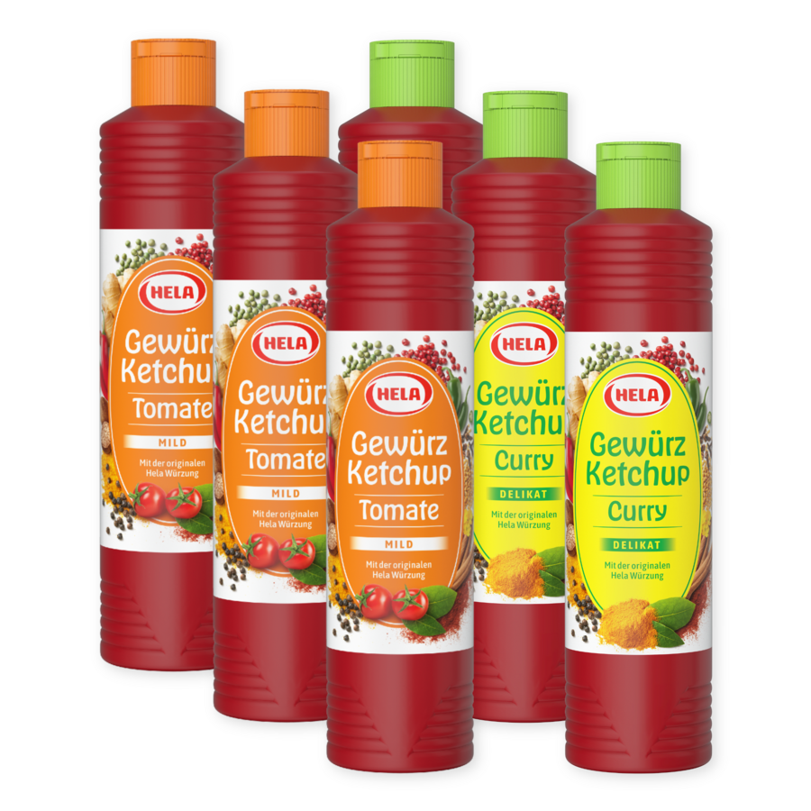 Sechs Flaschen HEI Gewürzketchup mit verschiedenen Geschmacksrichtungen.