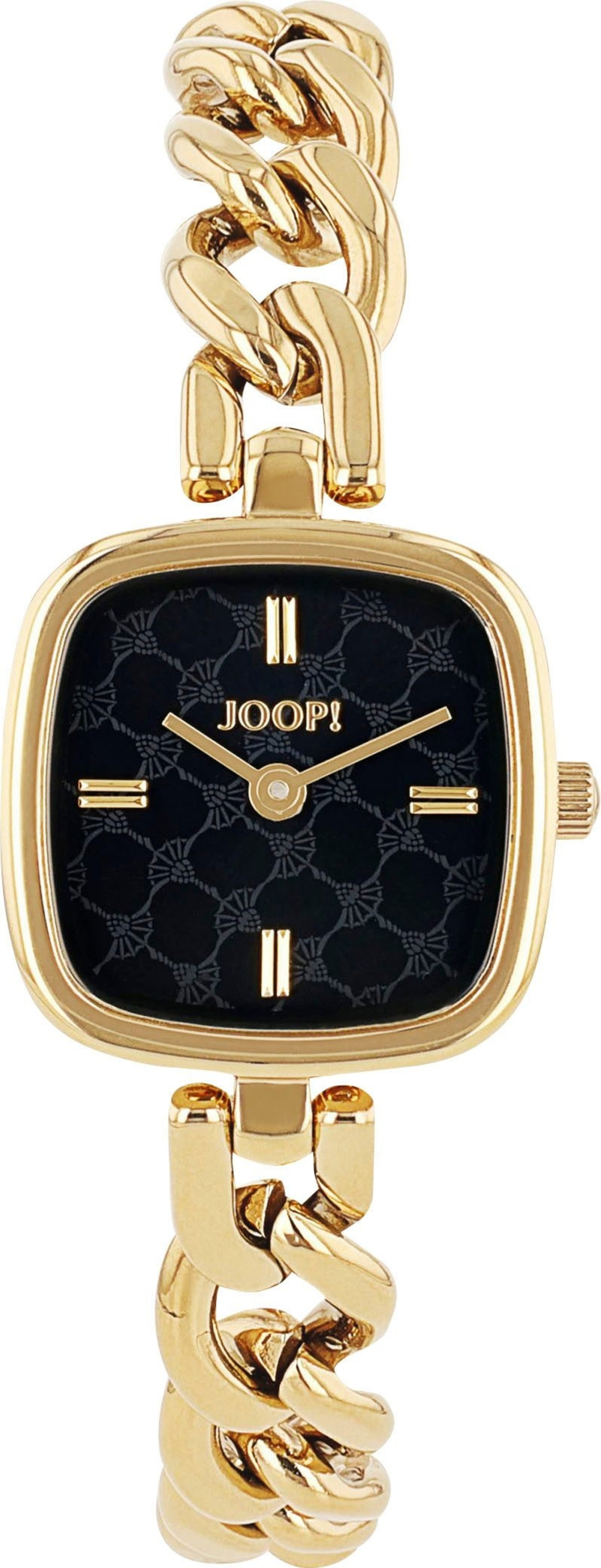 Goldene JOOP! Damenuhr mit schwarzem Zifferblatt und Gliederarmband.