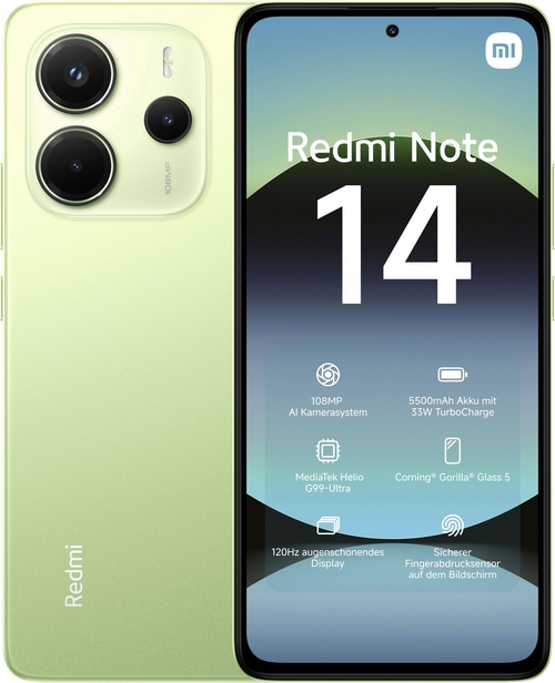 Redmi Note 14 Smartphone mit 108MP Kamera, 120Hz Display und Fingerabdrucksensor.