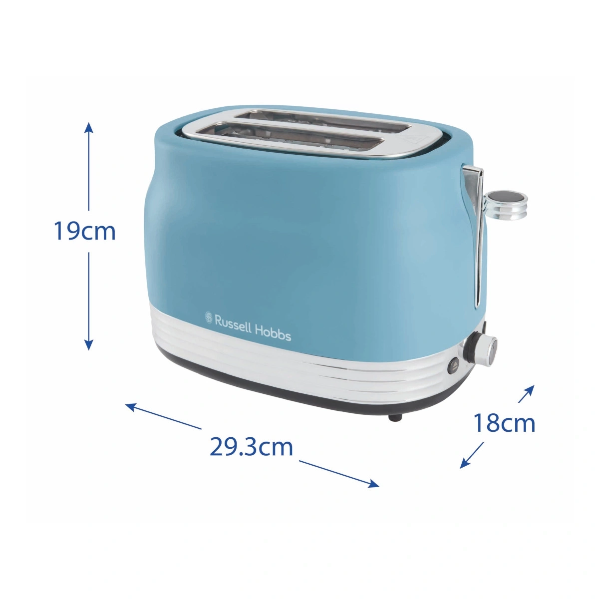 Blauer Russell Hobbs Toaster mit Maßen in cm