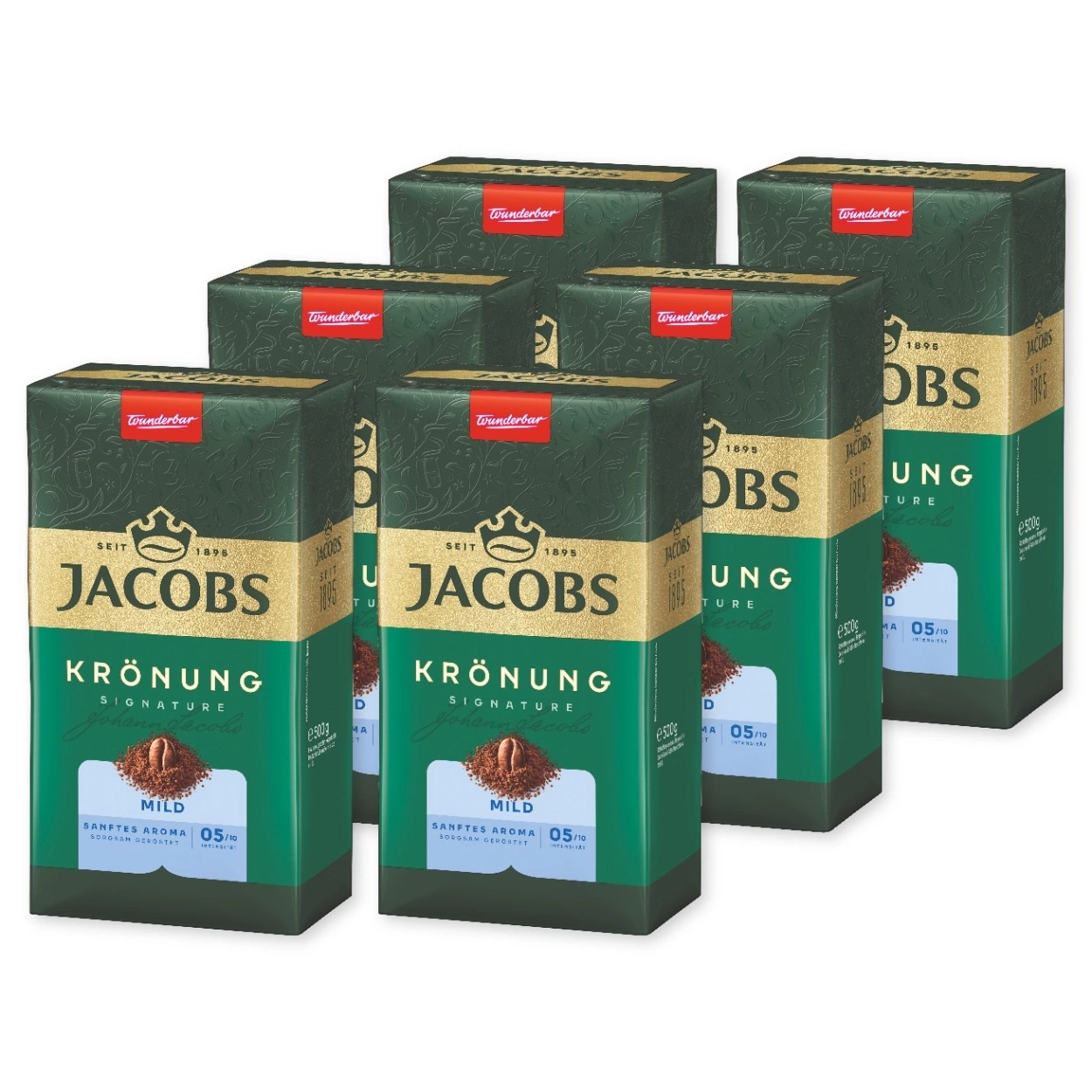 Sechs Packungen Jacobs Krönung milden Kaffees mit goldener Schrift und grüner Verpackung