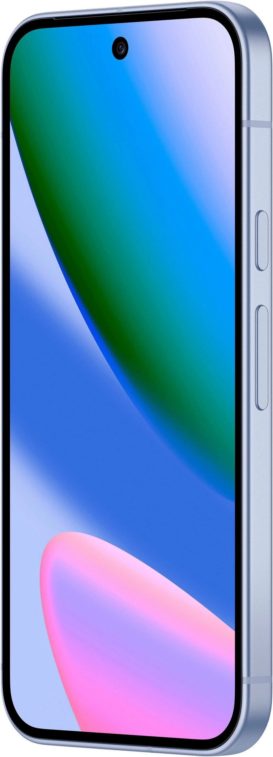 Ein blaues Smartphone mit einem Loch für die Kamera auf dem Bildschirm.
