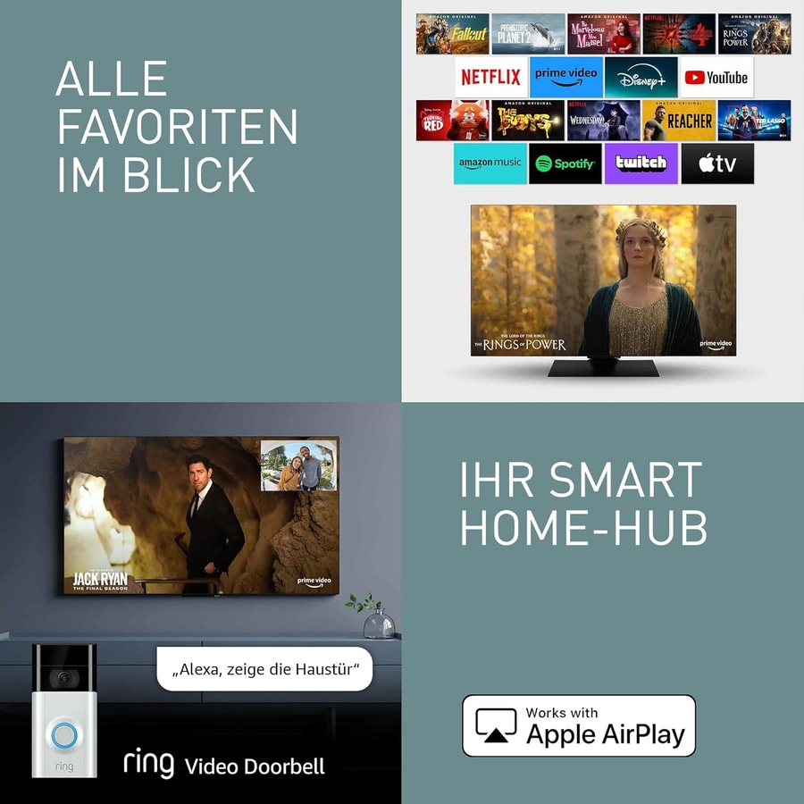 Smart Home Hub mit Streaming-Diensten und Ring Video Doorbell.