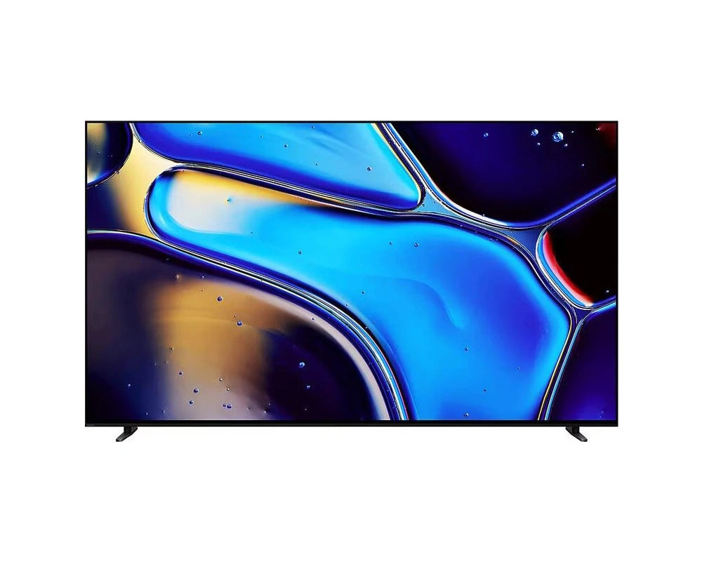 Ein moderner Fernseher mit einem abstrakten, bunten Hintergrund, der Flüssigkeiten zeigt.
