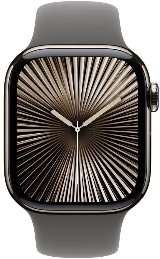 Eine graue Smartwatch mit einem gold-schwarzen Zifferblatt.