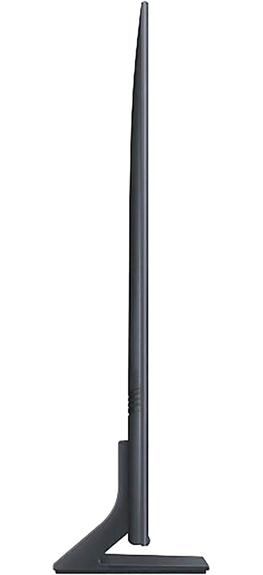 Schlanker, schwarzer Fernseher, der auf einer flachen, rechteckigen Basis steht.