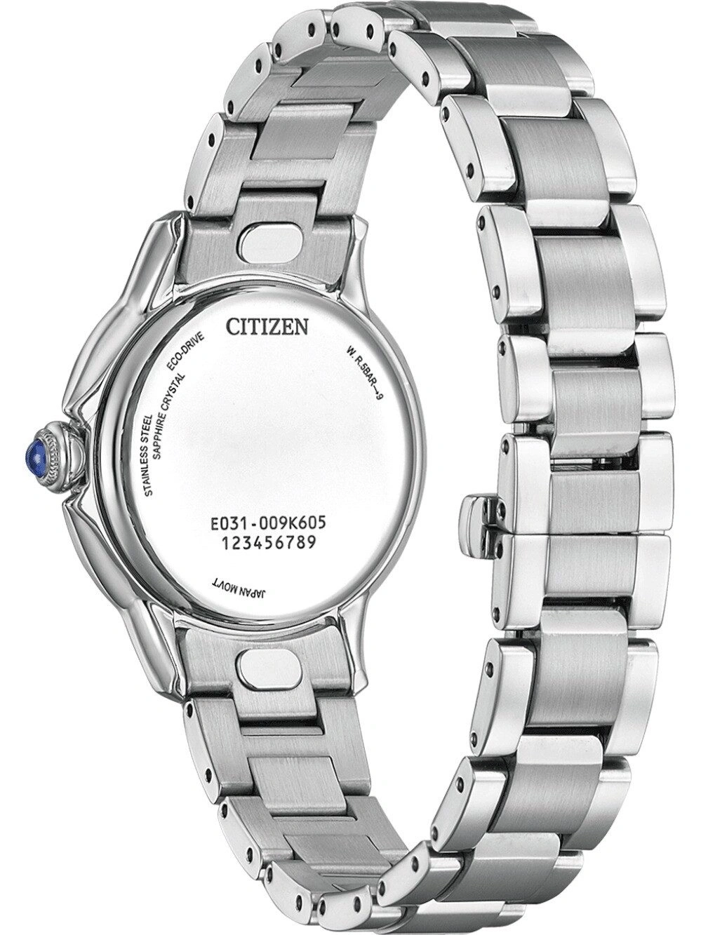 Die Rückseite einer Citizen Eco-Drive-Uhr aus Edelstahl mit Saphirglas und einem blauen Stein auf der Krone.