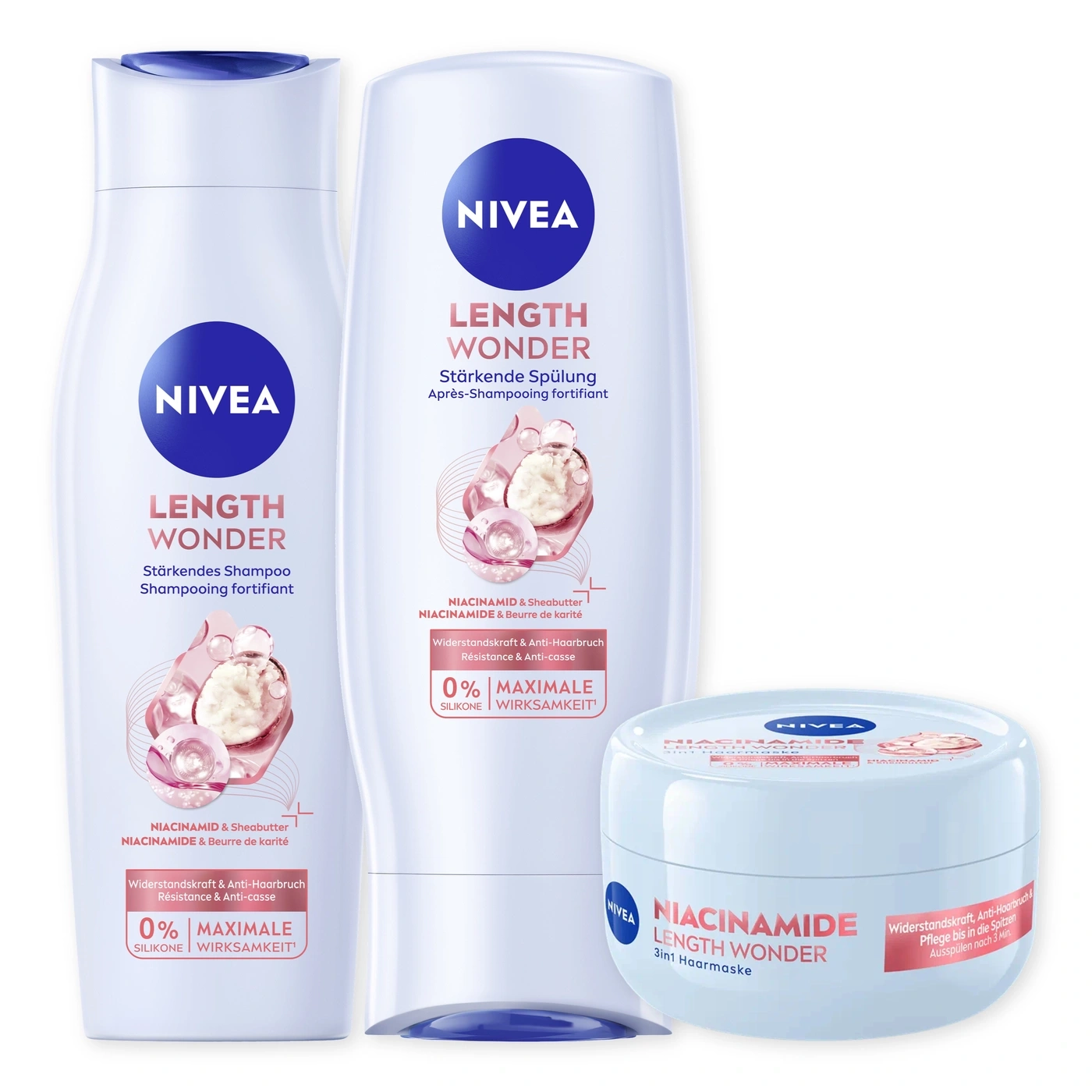 Nivea Length Wonder Shampoo, Spülung und Haarmaske mit Niacinamid und Sheabutter für starkes Haar.