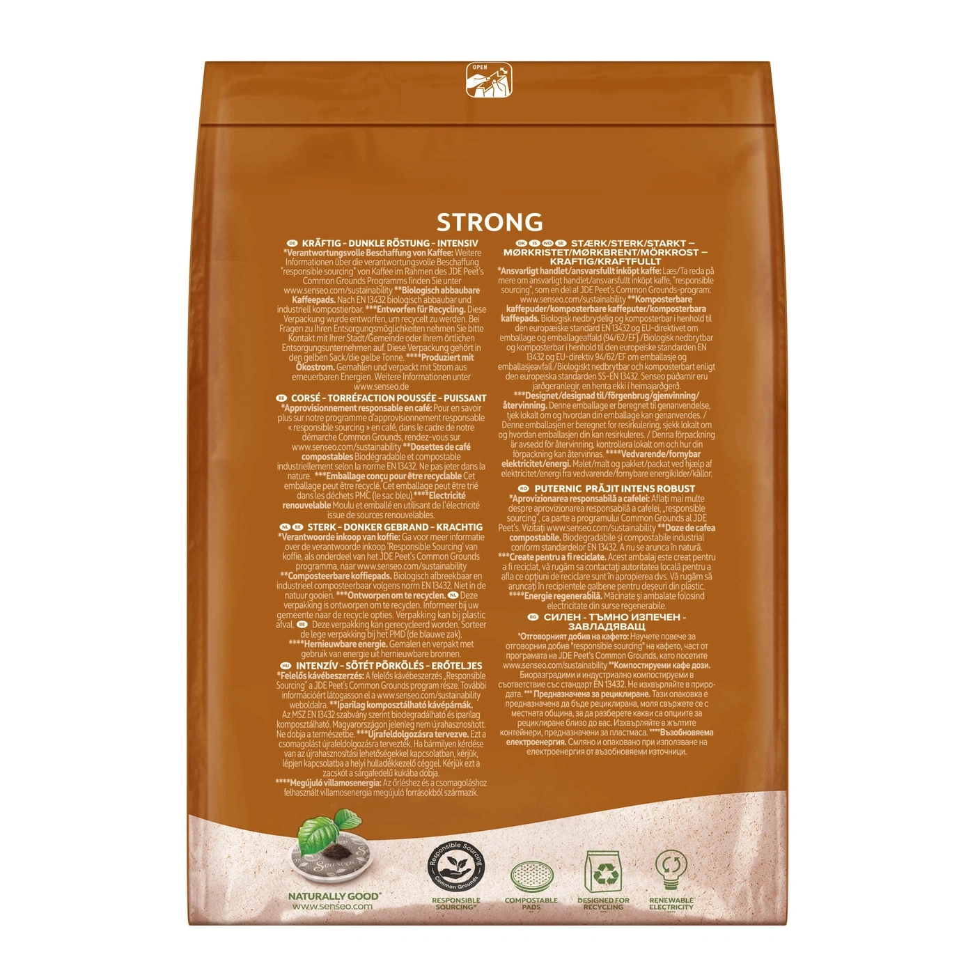 Kaffeepackung mit Informationen über verantwortungsvolle Beschaffung, Recycling und erneuerbare Energie.