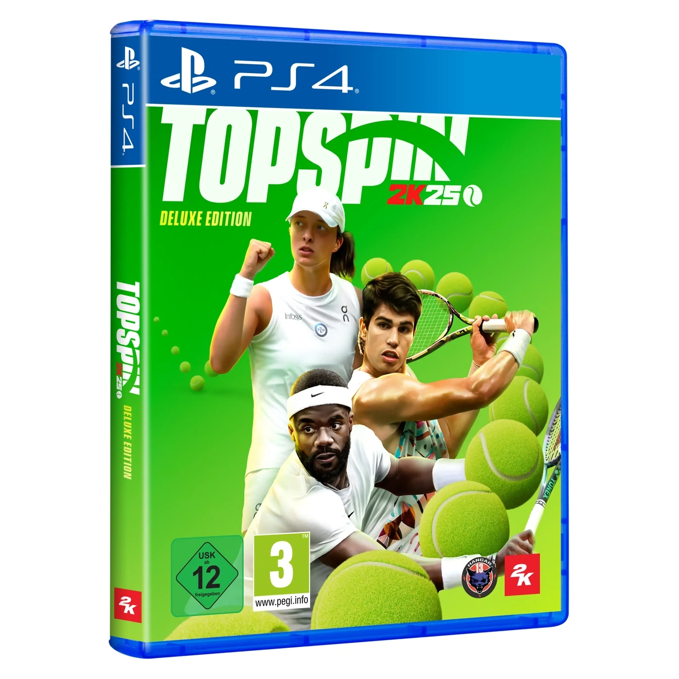 PS4 Spiel "Topspin 2K25 Deluxe Edition" mit Tennisspielern und Bällen