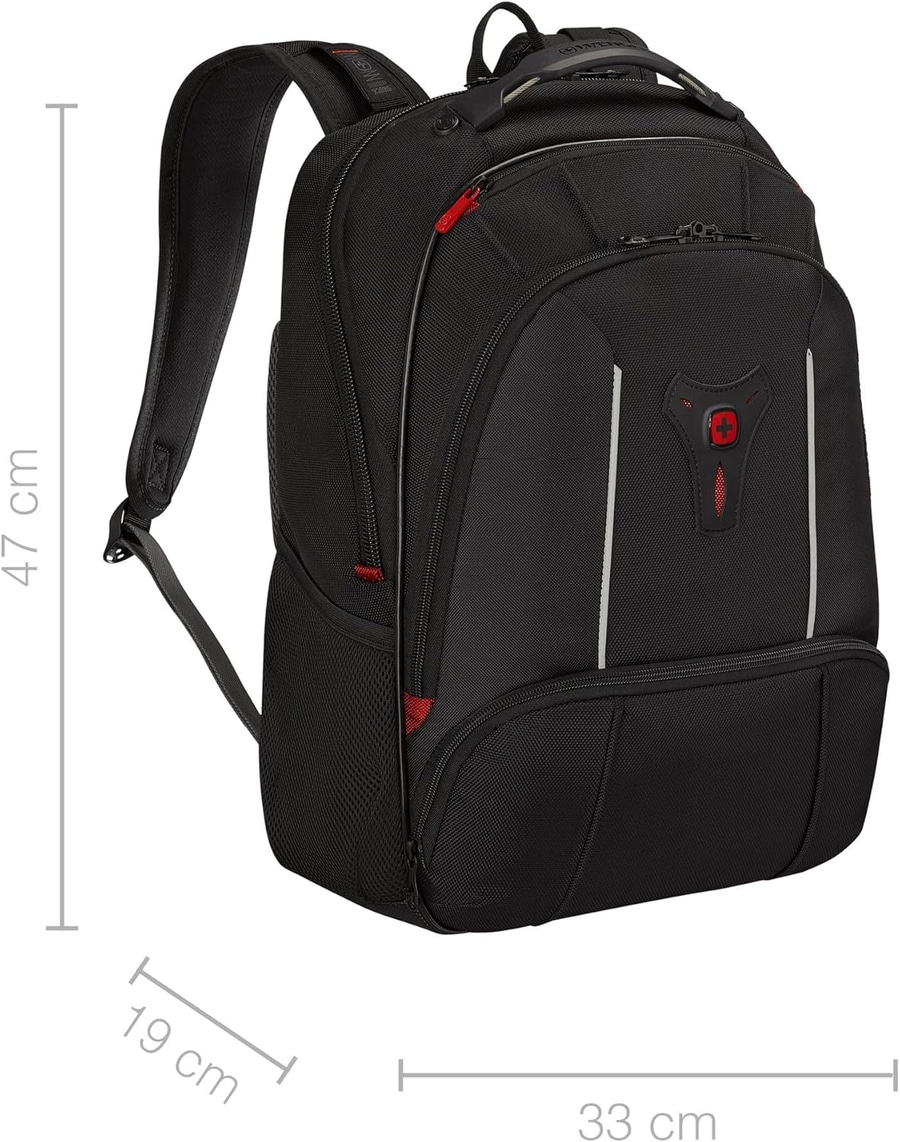 Schwarzer Rucksack mit roten Akzenten, 47 cm hoch, 19 cm breit, 33 cm lang.