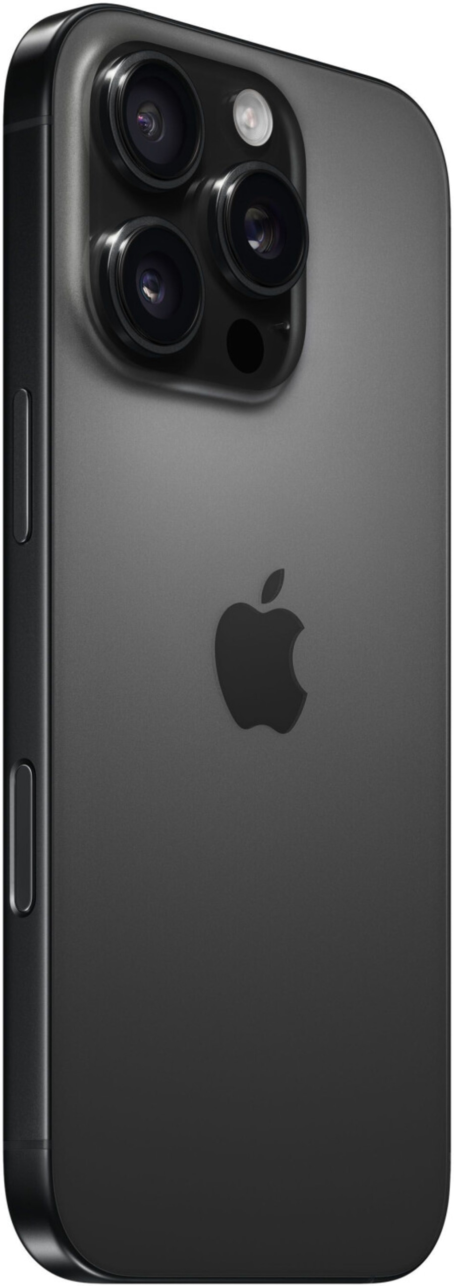 Dunkelgraues iPhone mit drei Kameras und Apple-Logo auf der Rückseite.