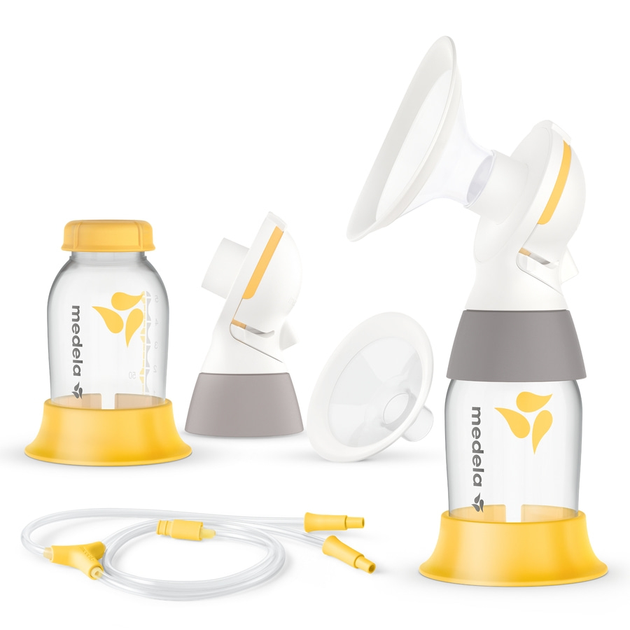 Medela-Brustpumpe mit Flasche, Trichter und Schläuchen, gelb und weiß