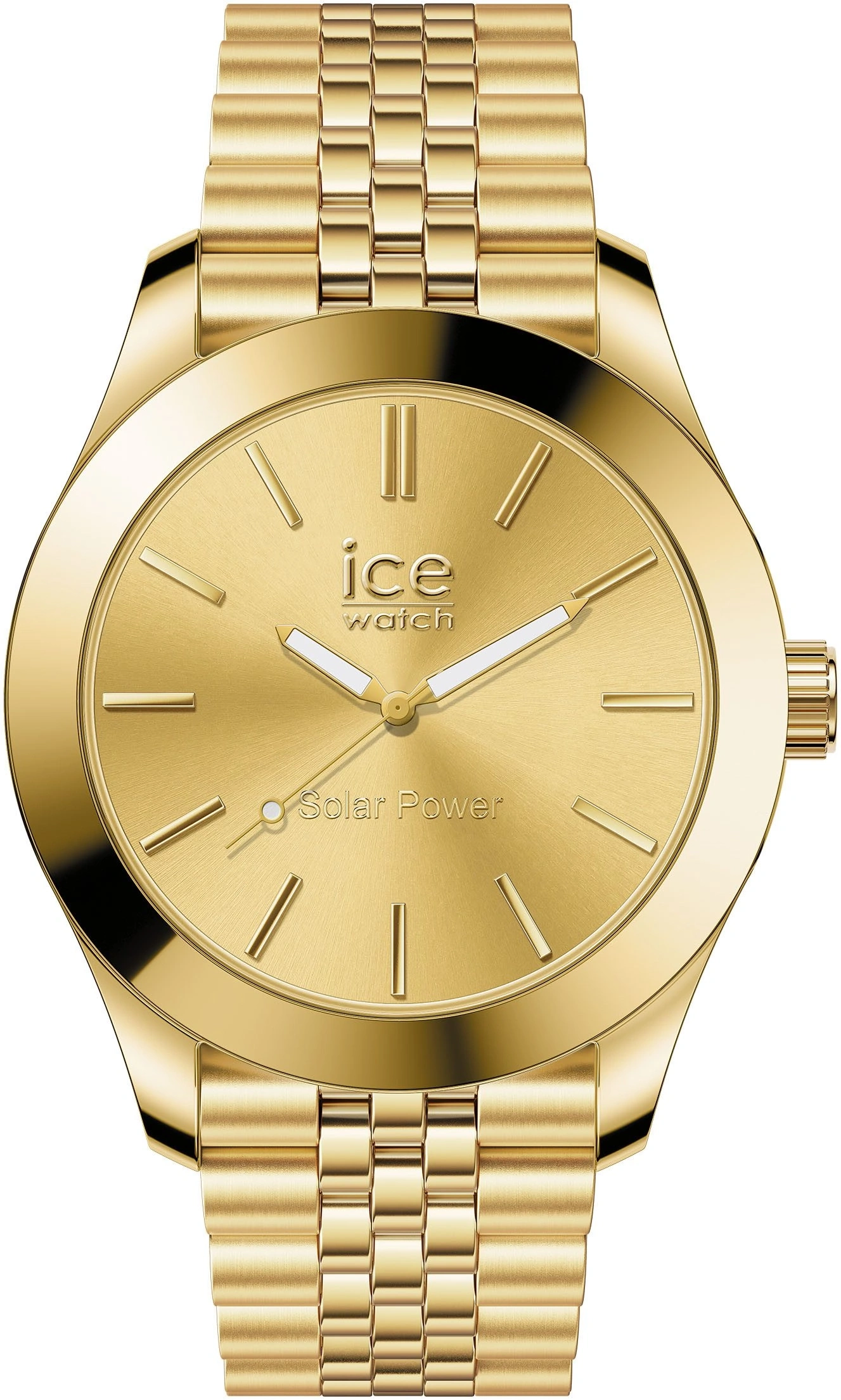 Eine goldene ICE WATCH mit "Solar Power" Aufschrift.