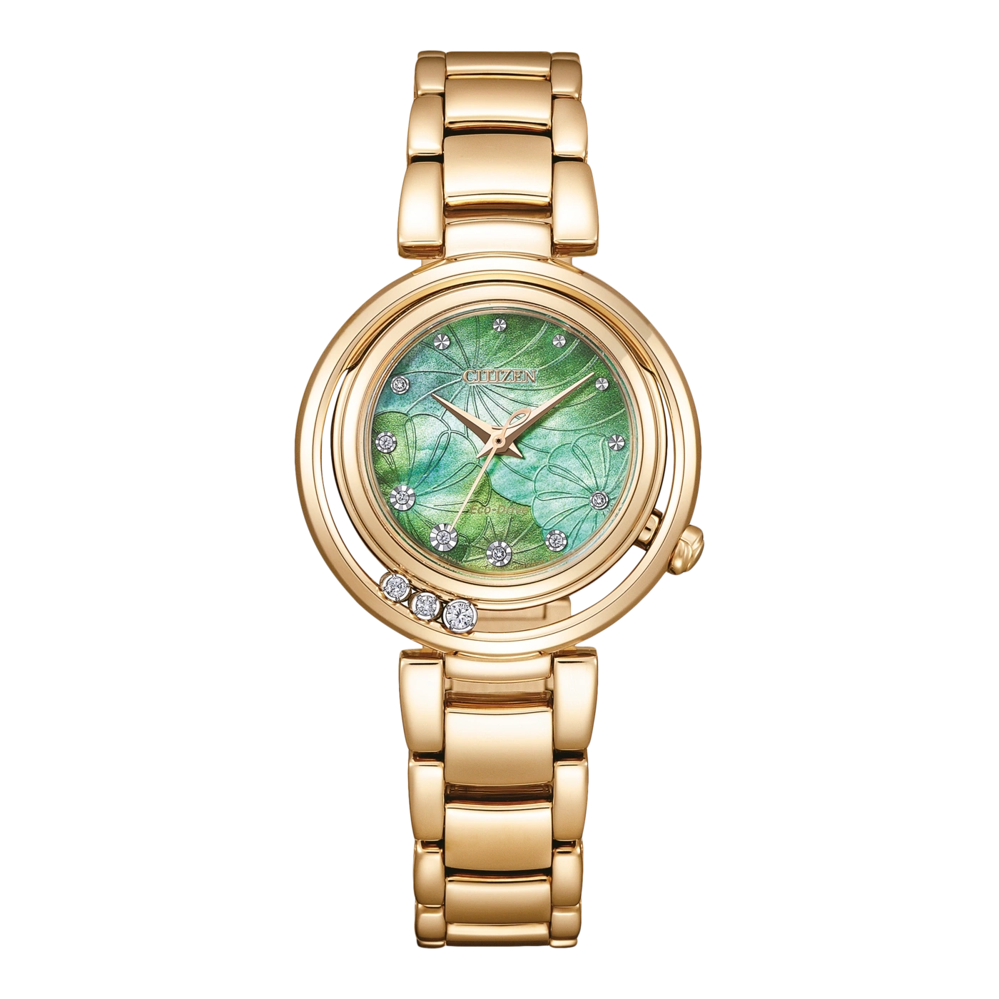 Goldene Citizen-Damenuhr mit grünem Zifferblatt und Diamanten, elegant