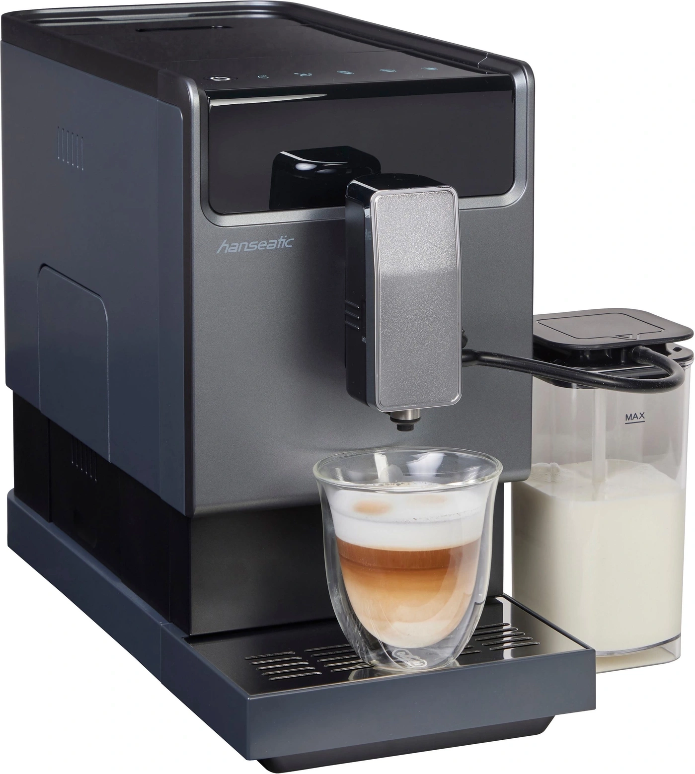 Eine Kaffeemaschine brüht einen Latte Macchiato in ein Glas.